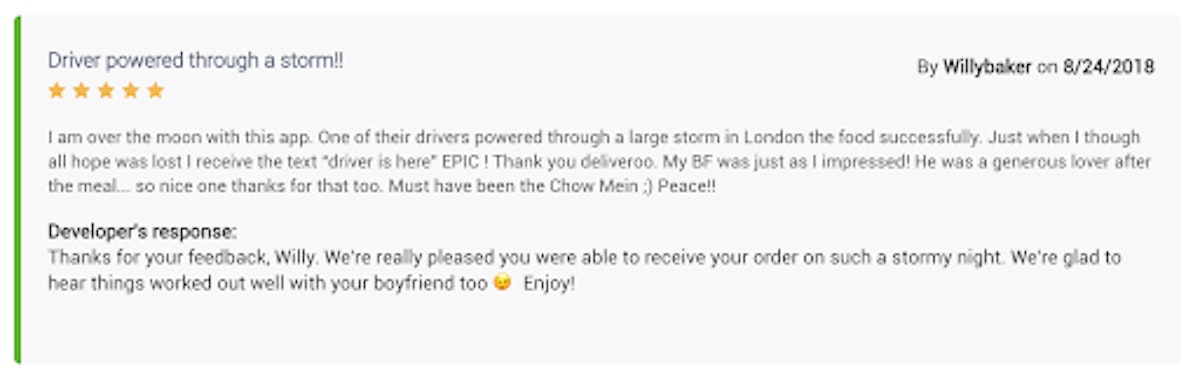 A user shares his story in a Deliveroo Review